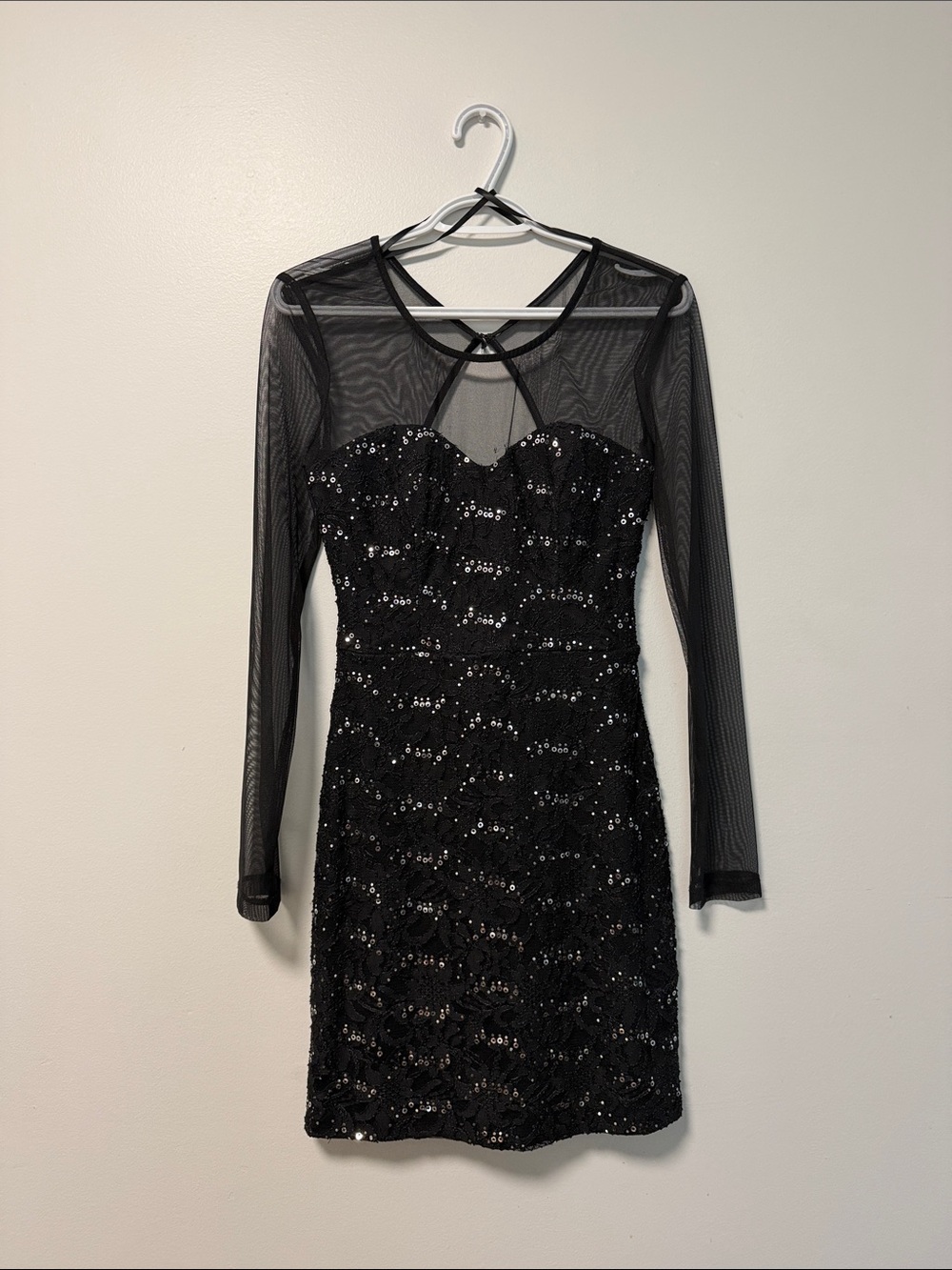 Black Sequin Mesh Long-Sleeve Cocktail Dress